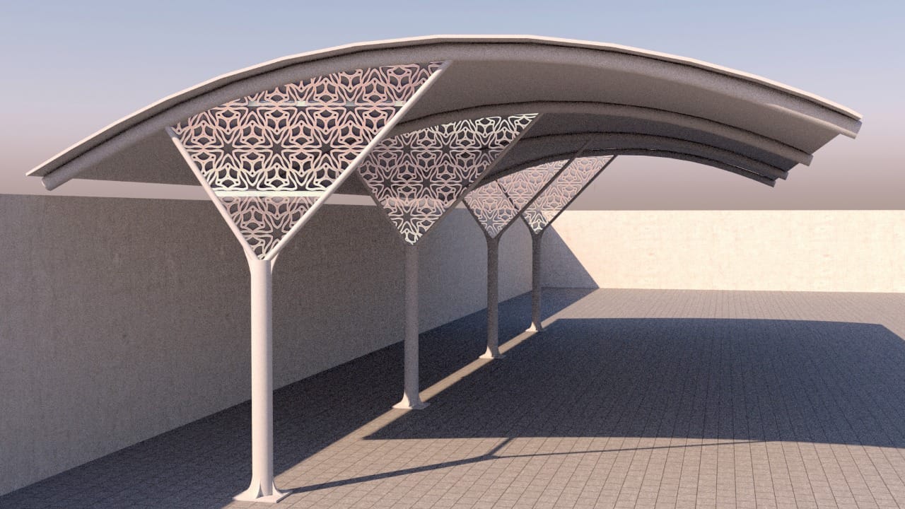 CNC vertical parking shades Dubai - decorative vertical CNC pattern shade panels for modern car parks